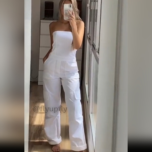 NWT Zara Strapless Utility Cargo Jumpsuit Wide White Long - Picture 2 of 16